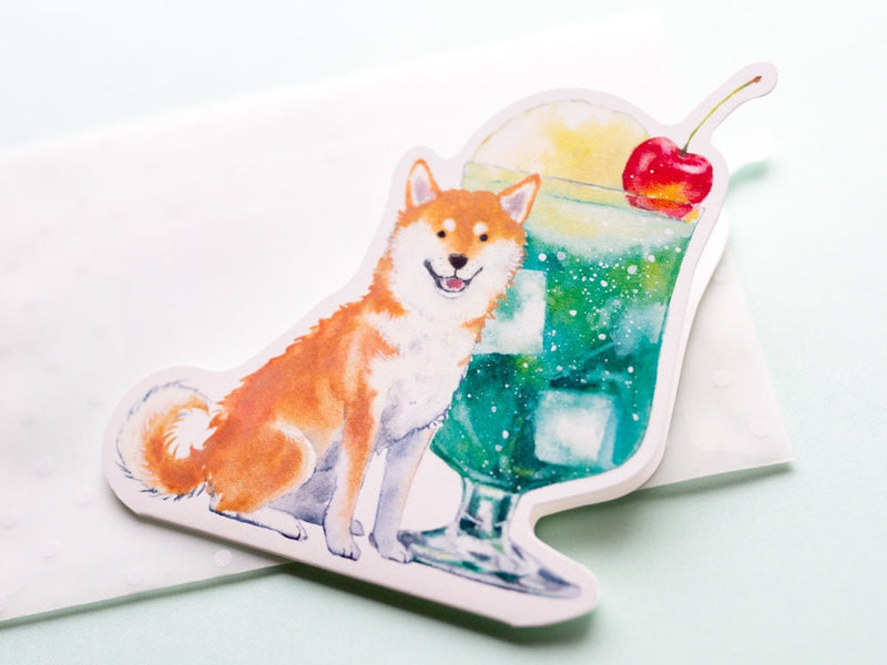 Die-Cut greeting card -Shibaken and melon soda float-
