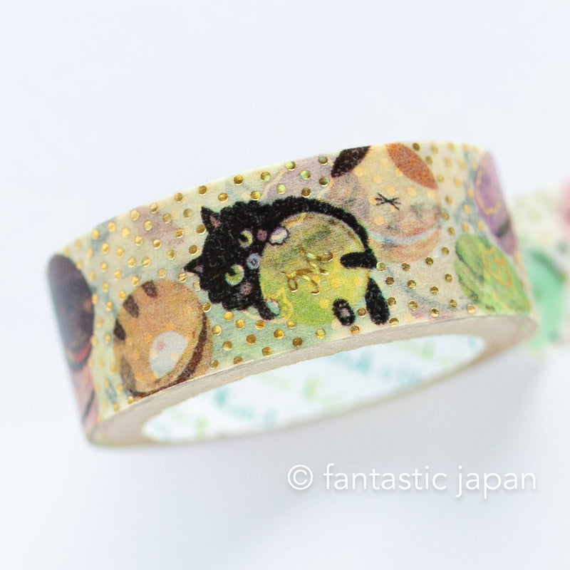 Gold foil glittering Masking Tape -Cat with Macaron- / Shinzi Katoh designed washi tape /