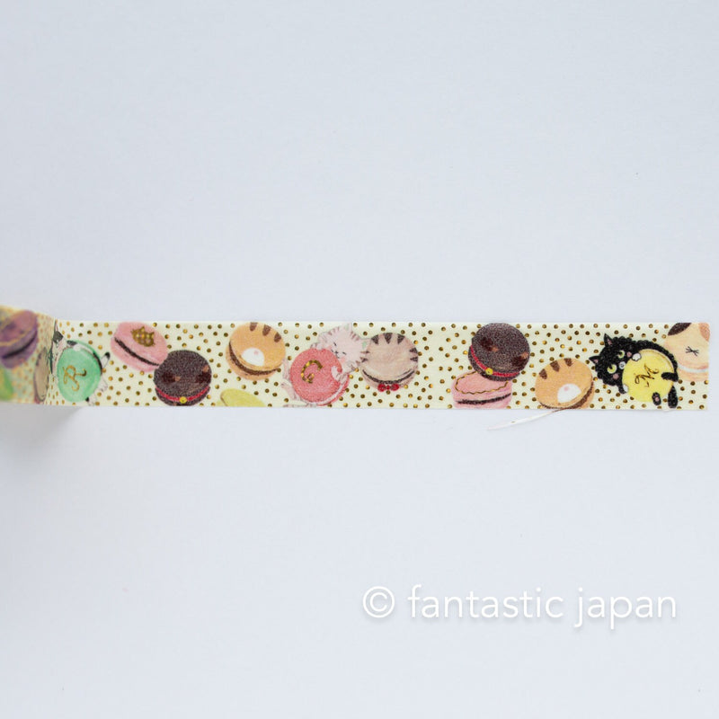 Gold foil glittering Masking Tape -Cat with Macaron- / Shinzi Katoh designed washi tape /