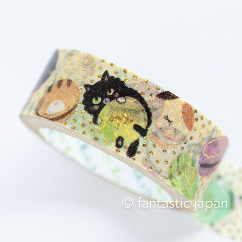 Gold foil glittering Masking Tape -Cat with Macaron- / Shinzi Katoh designed washi tape /