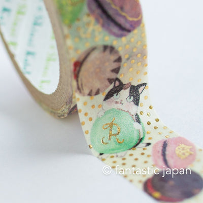 Gold foil glittering Masking Tape -Cat with Macaron- / Shinzi Katoh designed washi tape /