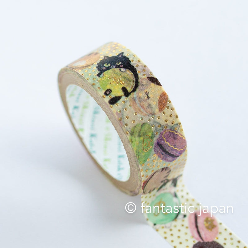 Gold foil glittering Masking Tape -Cat with Macaron- / Shinzi Katoh designed washi tape /