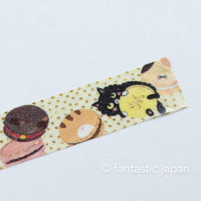 Gold foil glittering Masking Tape -Cat with Macaron- / Shinzi Katoh designed washi tape /