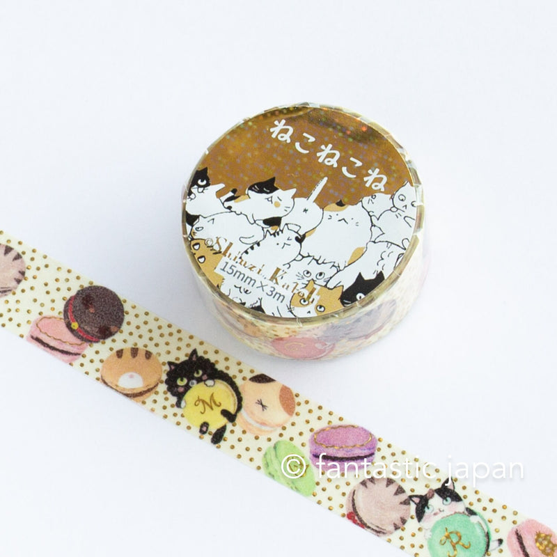 Gold foil glittering Masking Tape -Cat with Macaron- / Shinzi Katoh designed washi tape /