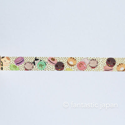 Gold foil glittering Masking Tape -Cat with Macaron- / Shinzi Katoh designed washi tape /