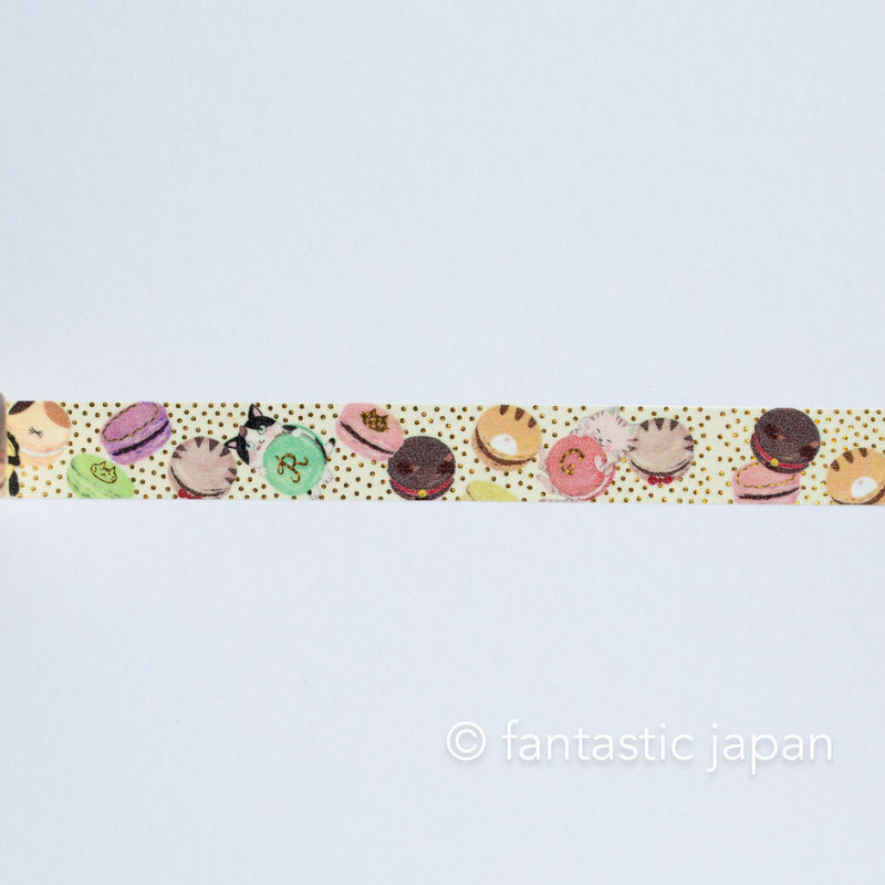 Gold foil glittering Masking Tape -Cat with Macaron- / Shinzi Katoh designed washi tape /