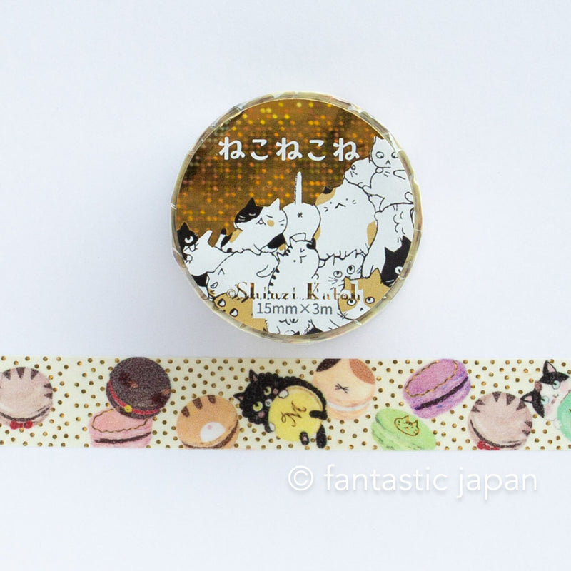 Gold foil glittering Masking Tape -Cat with Macaron- / Shinzi Katoh designed washi tape /