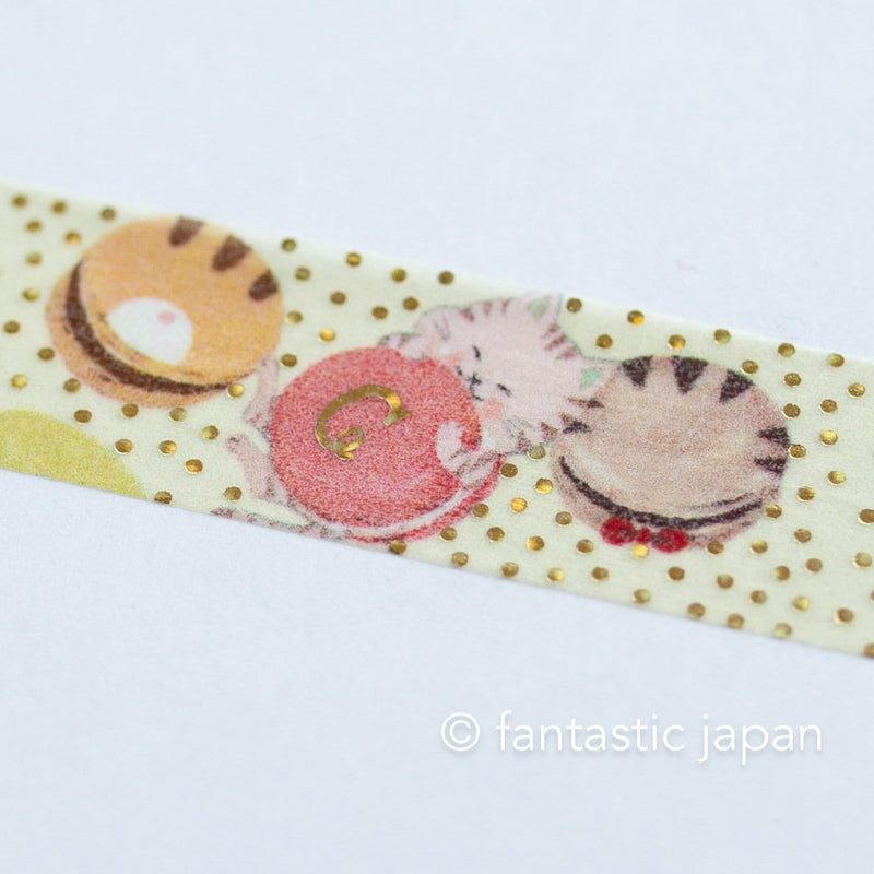 Gold foil glittering Masking Tape -Cat with Macaron- / Shinzi Katoh designed washi tape /