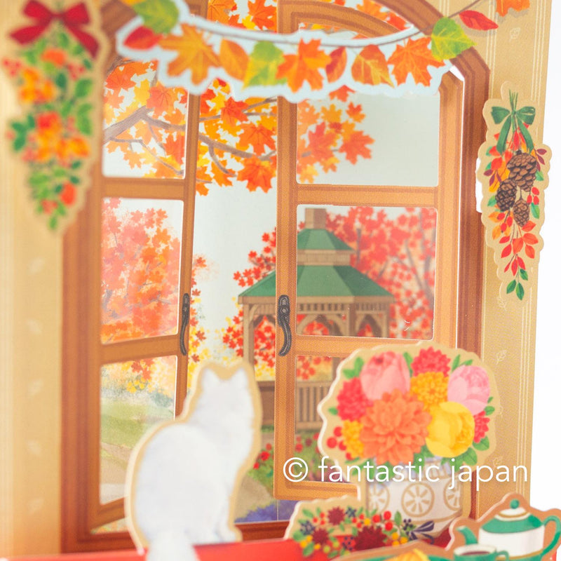 Greeting card / Autumn scene with a window cat / sanrio 3d card