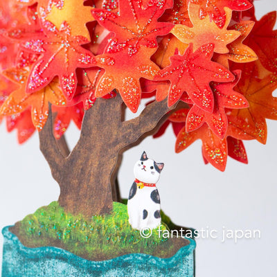 Greeting card  /Cat on red leaves bonsai / hallmark 3d card