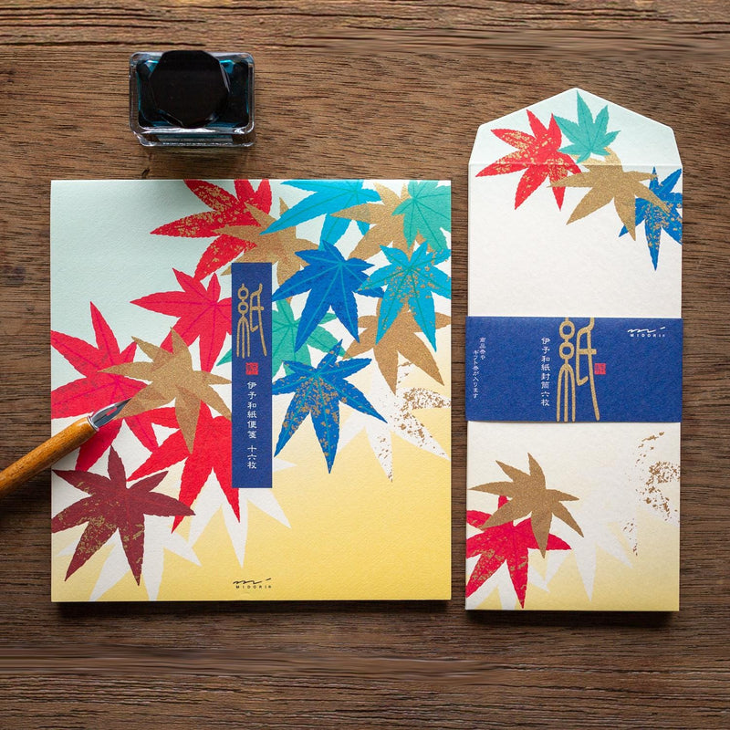 Japanese Iyo washi letter pad and envelops -autumn red leaves- / silk screen printing