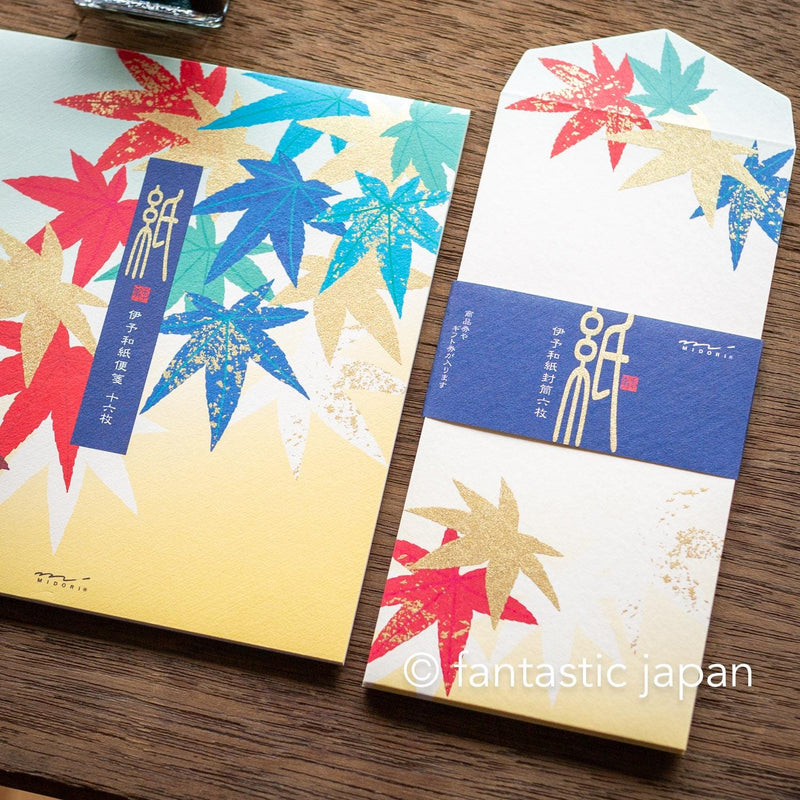 Japanese Iyo washi letter pad and envelops -autumn red leaves- / silk screen printing