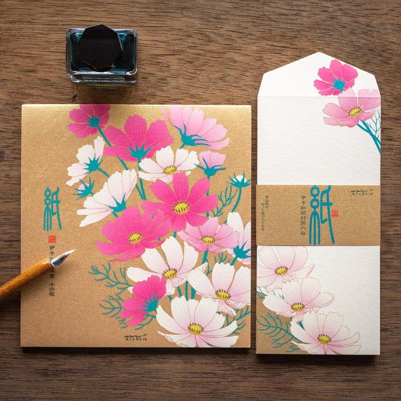 Japanese Iyo washi letter pad and envelops -cosmos- / silk screen printing