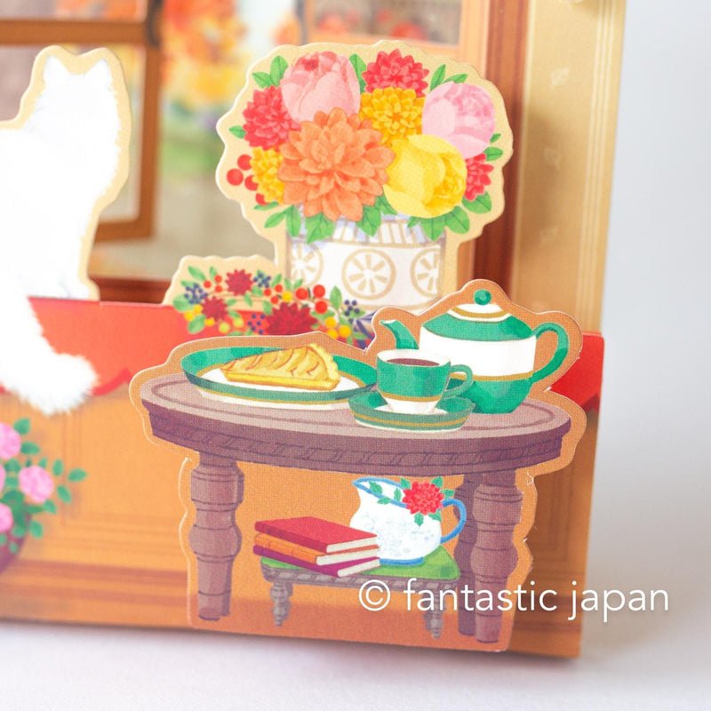 Greeting card / Autumn scene with a window cat / sanrio 3d card