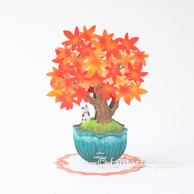 Greeting card  /Cat on red leaves bonsai / hallmark 3d card