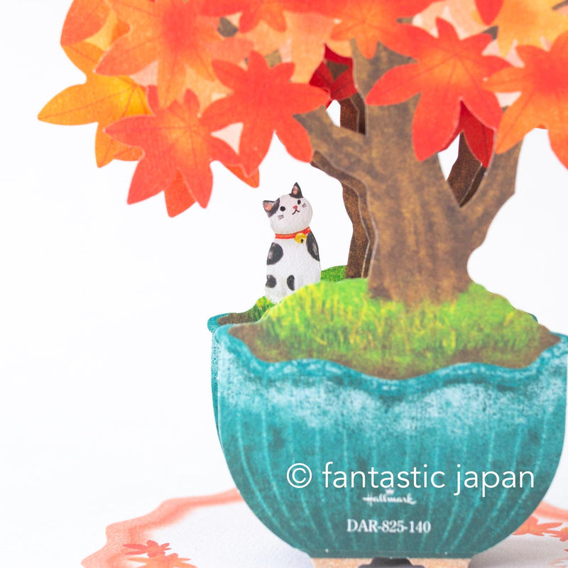 Greeting card  /Cat on red leaves bonsai / hallmark 3d card