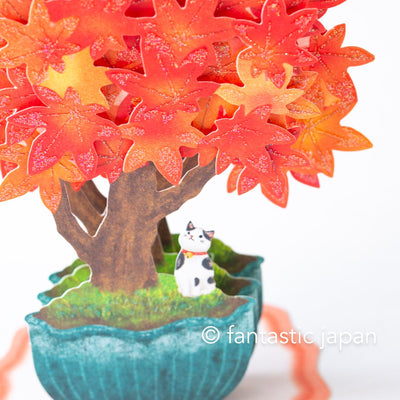 Greeting card  /Cat on red leaves bonsai / hallmark 3d card