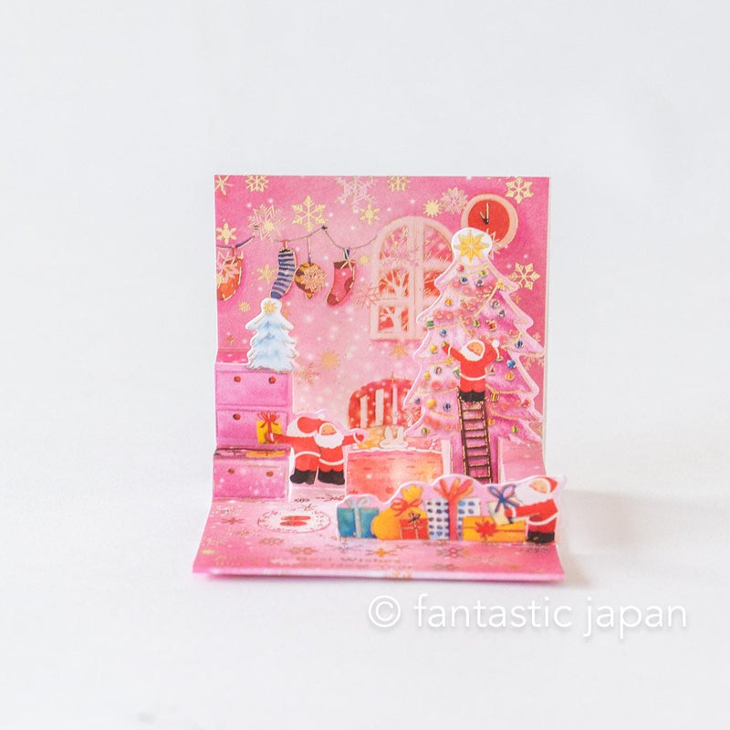 Christmas tiny pop up card -mini mini Santa Clauses pink room-