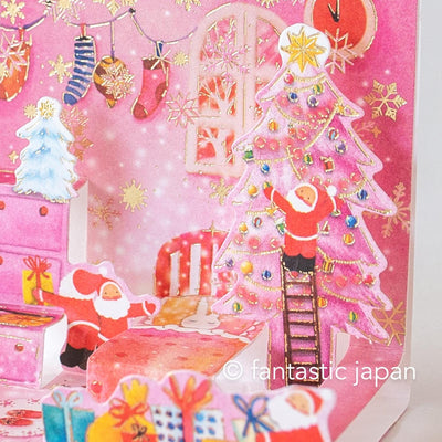 Christmas tiny pop up card -mini mini Santa Clauses pink room-