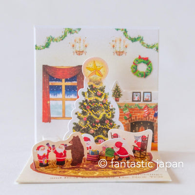 Christmas tiny pop up card -mini mini Santa Clauses christmas tree in the room-