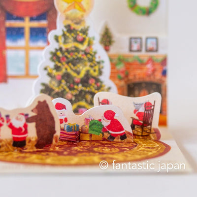 Christmas tiny pop up card -mini mini Santa Clauses christmas tree in the room-