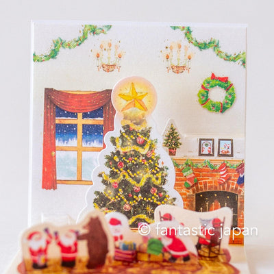 Christmas tiny pop up card -mini mini Santa Clauses christmas tree in the room-