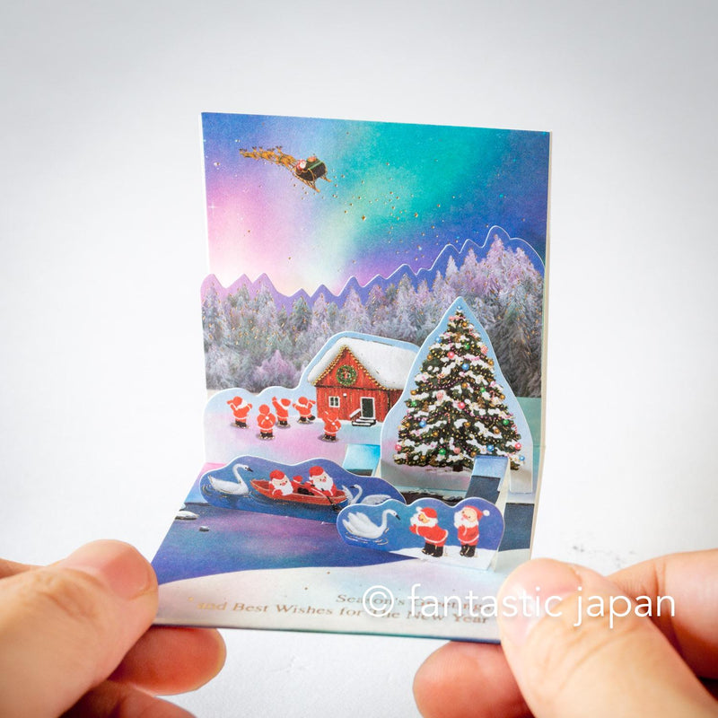 Christmas tiny pop up card -mini mini Santa Clauses aurora in the sky-