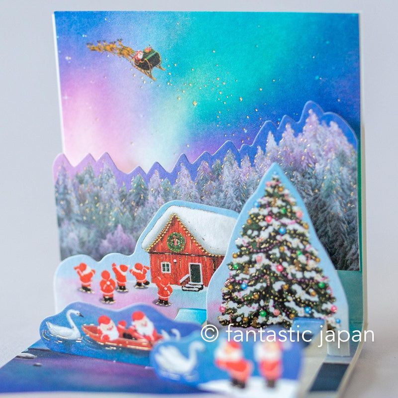 Christmas tiny pop up card -mini mini Santa Clauses aurora in the sky-