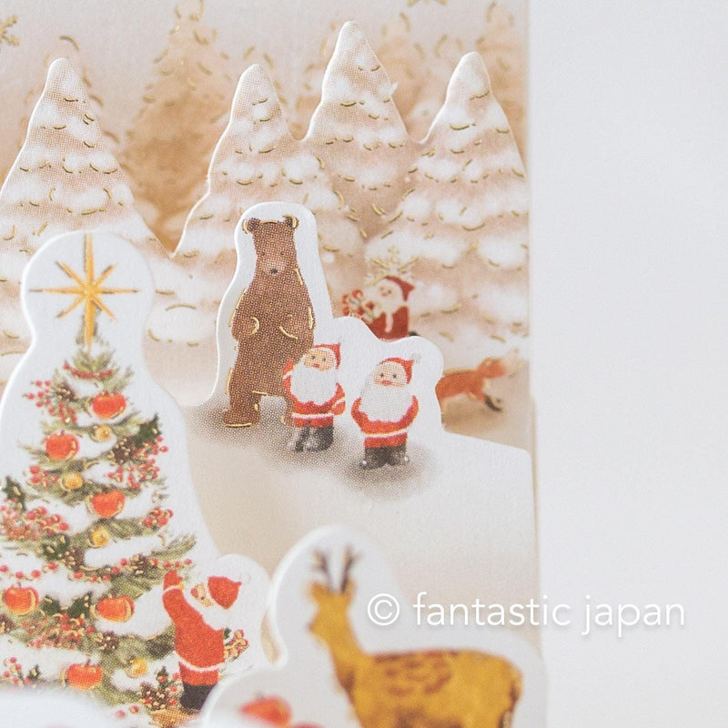 Christmas tiny pop up card -mini mini Santa Clauses tree in the forest-