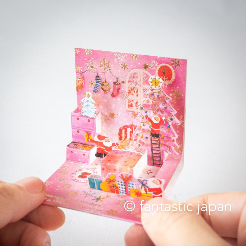 Christmas tiny pop up card -mini mini Santa Clauses pink room-