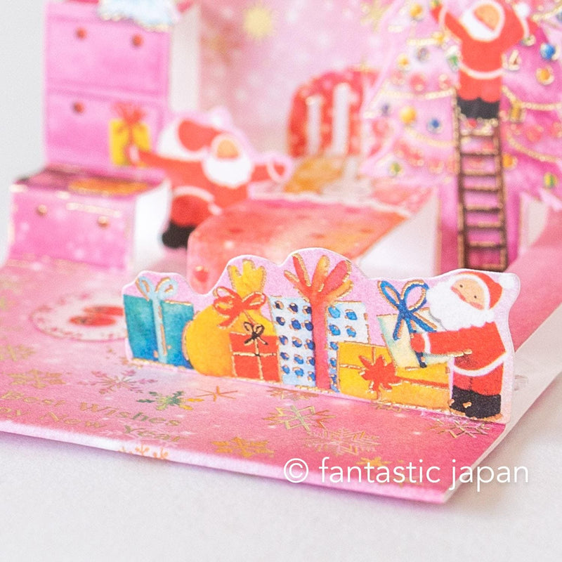 Christmas tiny pop up card -mini mini Santa Clauses pink room-