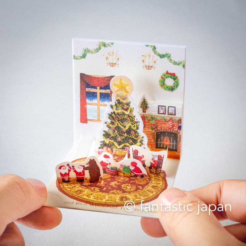 Christmas tiny pop up card -mini mini Santa Clauses christmas tree in the room-