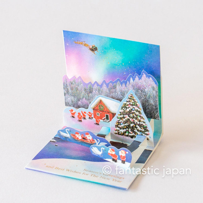 Christmas tiny pop up card -mini mini Santa Clauses aurora in the sky-