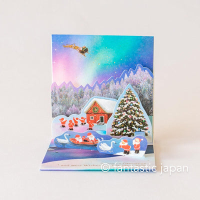 Christmas tiny pop up card -mini mini Santa Clauses aurora in the sky-