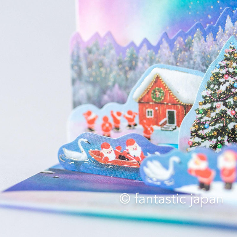 Christmas tiny pop up card -mini mini Santa Clauses aurora in the sky-