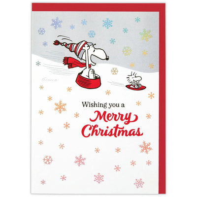 Christmas PEANUTS pop-up card -On a silver sleigh ride-