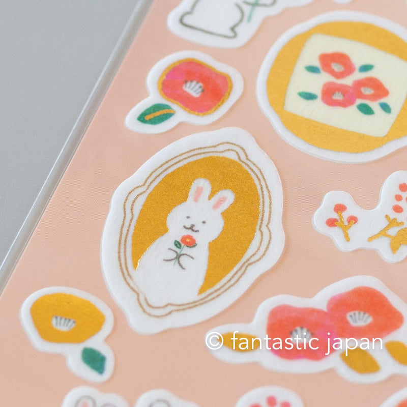 Gold foil washi sticker -camellia and rabbit-