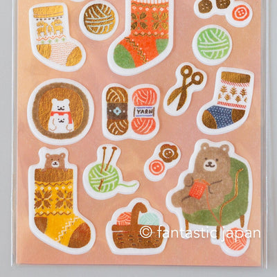 Gold foil washi sticker -knitting bear-