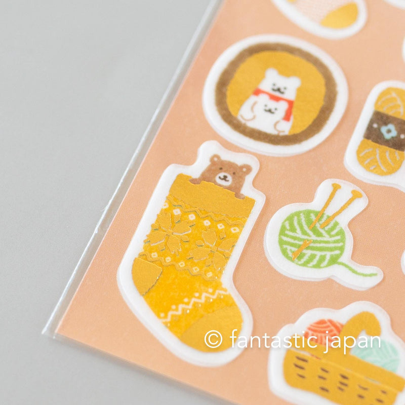 Gold foil washi sticker -knitting bear-