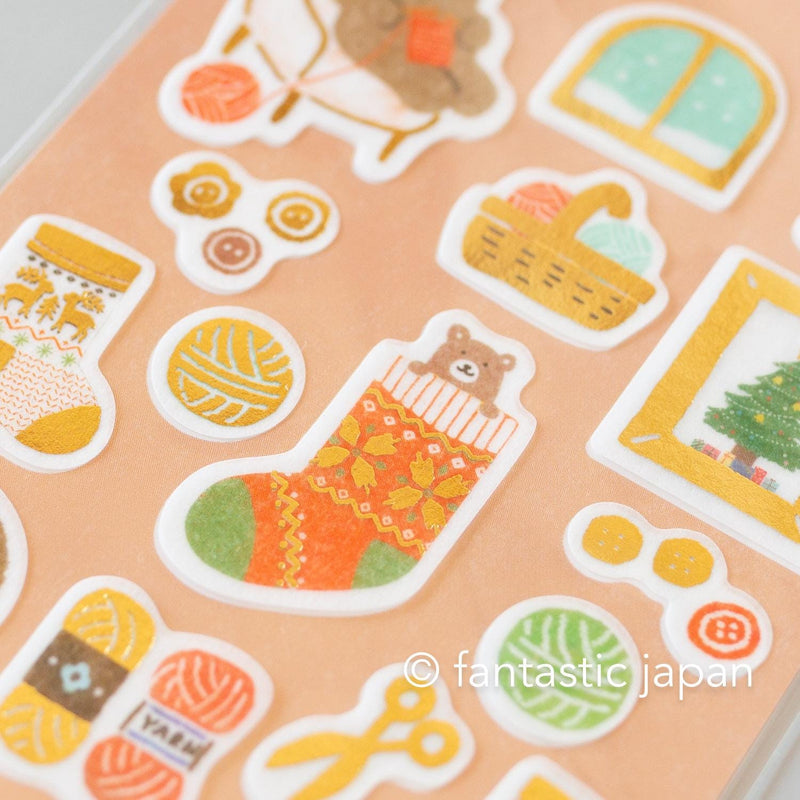 Gold foil washi sticker -knitting bear-