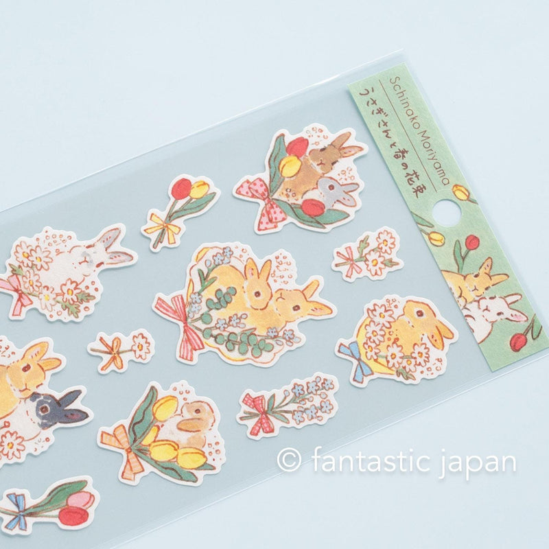 Schinako Moriyama washi sticker -Rabbits and spring bouquets-