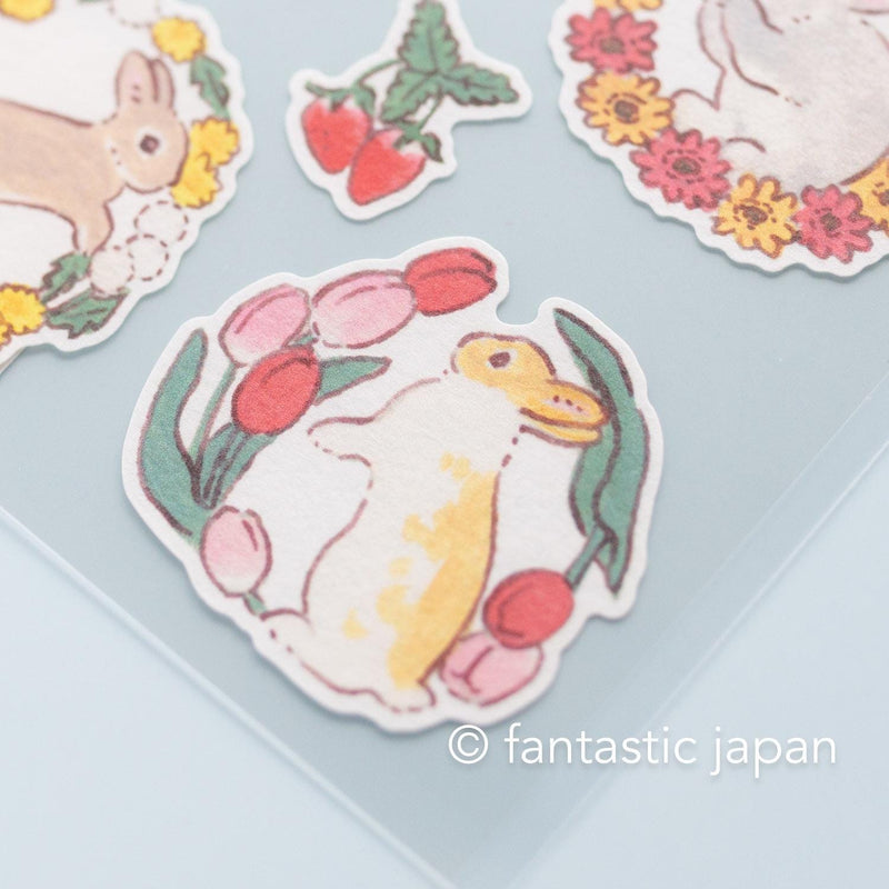 Schinako Moriyama washi sticker -Rabbits and spring wreath-