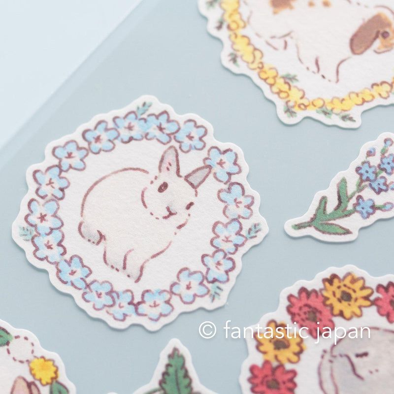 Schinako Moriyama washi sticker -Rabbits and spring wreath-