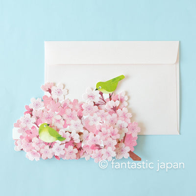 Greeting card -Warbling White-eye in the Cherry blossoms-