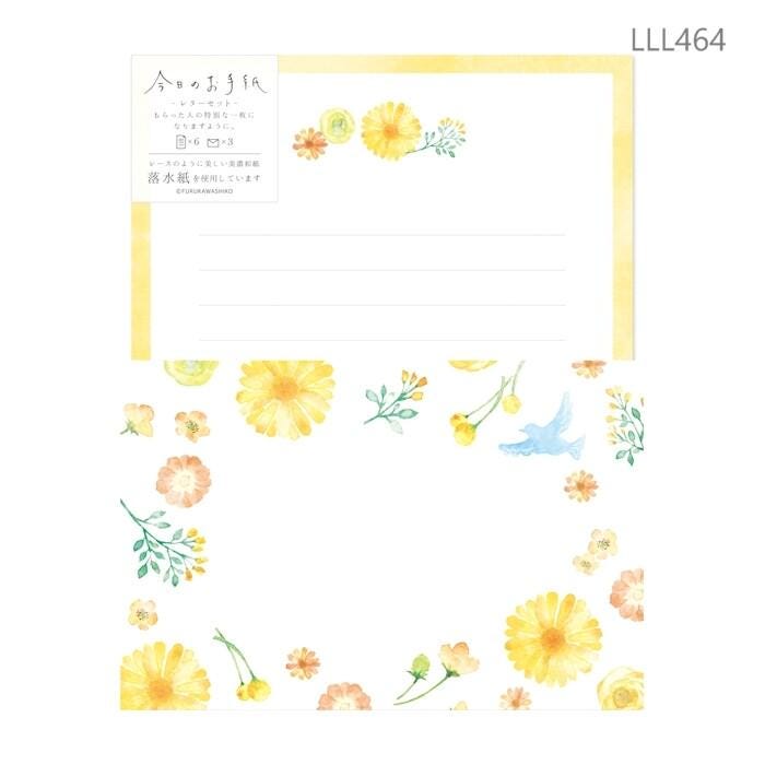 Japanese washi letter writing set -blue bird in yellow flowers- / FURUKAWA SHIKO/