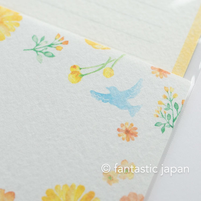 Japanese washi letter writing set -blue bird in yellow flowers- / FURUKAWA SHIKO/