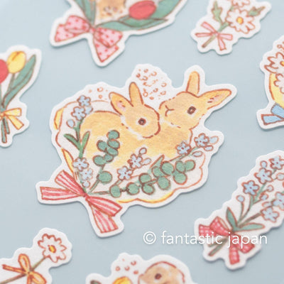 Schinako Moriyama washi sticker -Rabbits and spring bouquets-