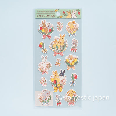 Schinako Moriyama washi sticker -Rabbits and spring bouquets-