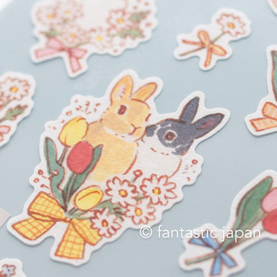 Schinako Moriyama washi sticker -Rabbits and spring bouquets-