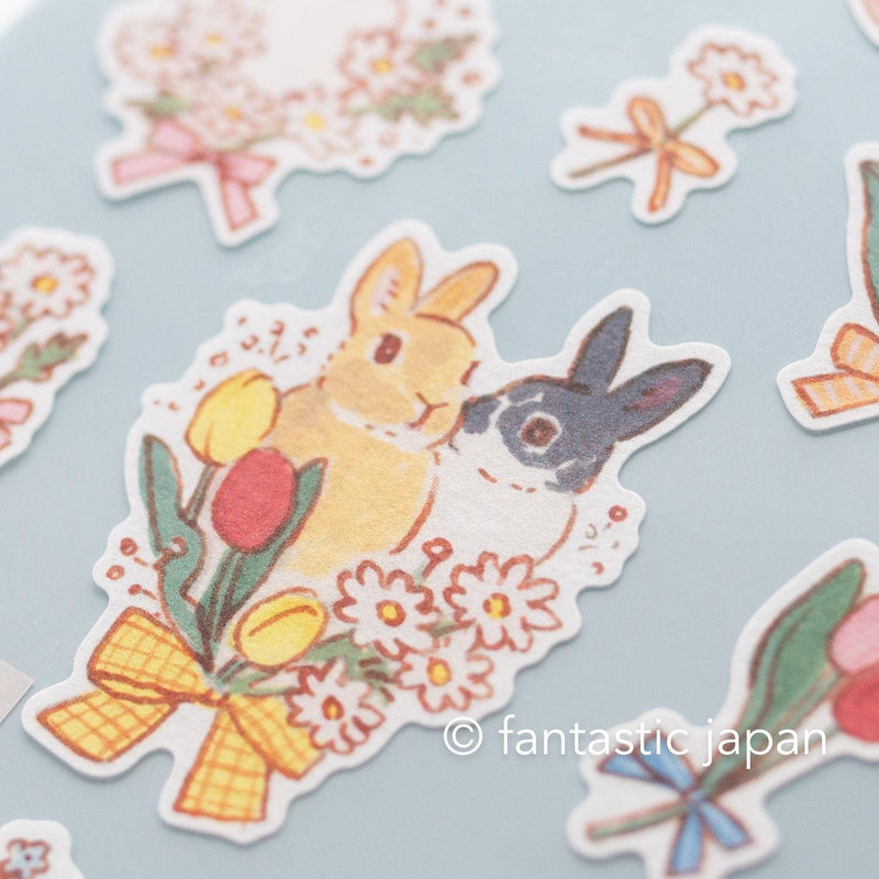 Schinako Moriyama washi sticker -Rabbits and spring bouquets-